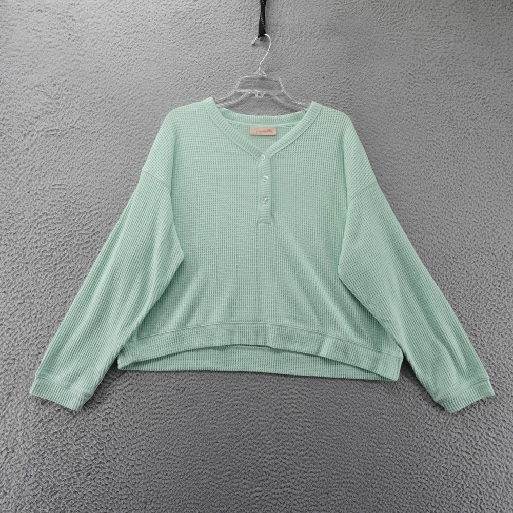 Papinelle‎ Womens Mint Green Waffle Knit Henley Lounge Top Size Medium NEW